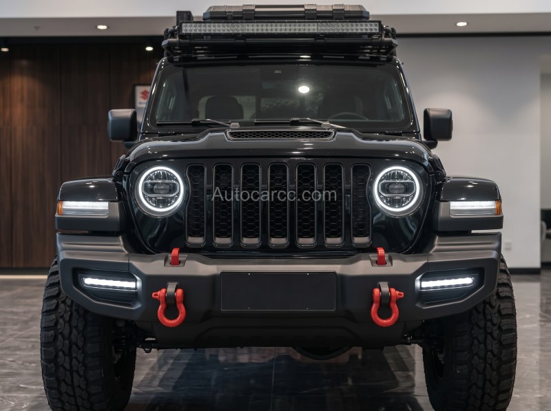 Jeep Wrangler Fighter Mini Pickup Front Grille and Lights Jeep Wrangler Fighter Mini Pickup front view with round LED headlights and red tow hooks