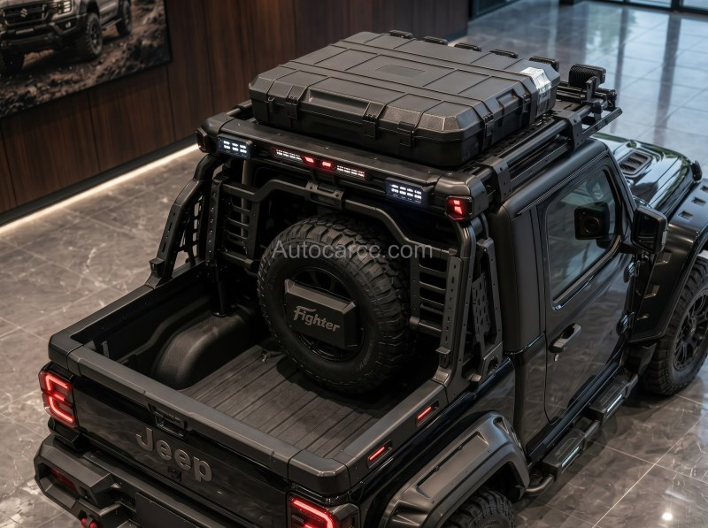 Jeep Wrangler Fighter Mini Pickup Bed Rack and Spare Tire Jeep Wrangler Fighter Mini Pickup cargo bed with spare tire and rooftop storage box