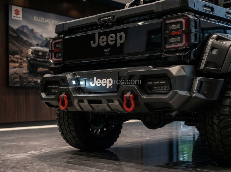 Jeep Wrangler Fighter Mini Pickup Rear Recovery Bumper Jeep Wrangler Fighter Mini Pickup rear bumper with red recovery hooks and Jeep light bar