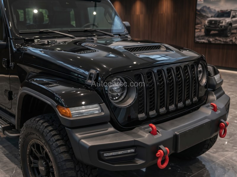 Jeep Wrangler Fighter Mini Pickup Grille and Hood Detail Jeep Wrangler Fighter Mini Pickup close-up of seven-slot grille hood scoop and red tow hooks