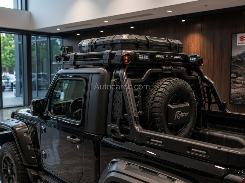 Jeep Wrangler Fighter Mini Pickup Spare Wheel Rack Jeep Wrangler Fighter Mini Pickup bed rack with Fighter spare wheel and rooftop cargo box