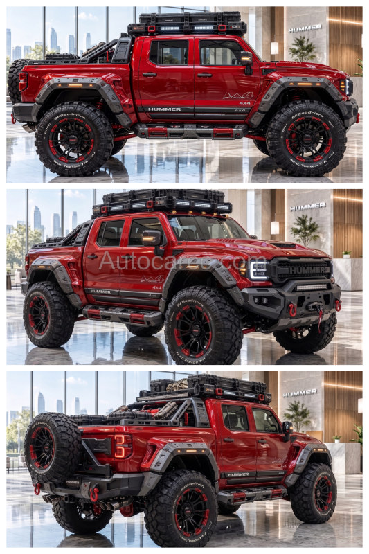 2027 GMC Hummer EV Pickup Concept side, front 3/4, and rear 3/4 views