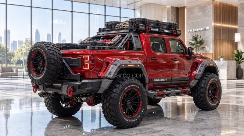 2027 GMC Hummer EV Pickup Concept rear 3/4 view with spare tire