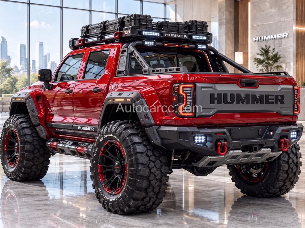 2027 GMC Hummer Off-Road Pickup Concept rear 3/4 view with roof rack, HUMMER tailgate and recovery bumper