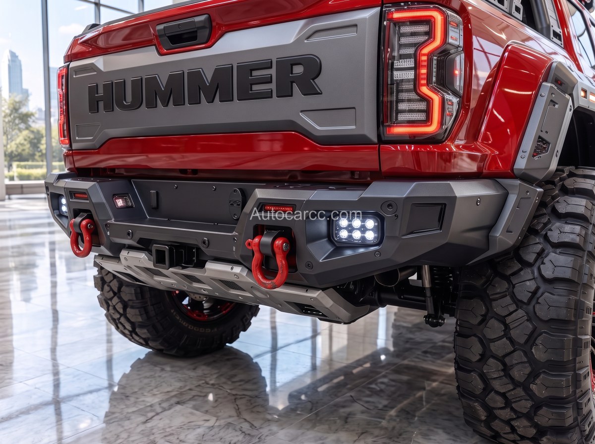 2027 GMC Hummer Off-Road Pickup Concept rear bumper detail with red recovery hooks, LED lights and HUMMER tailgate