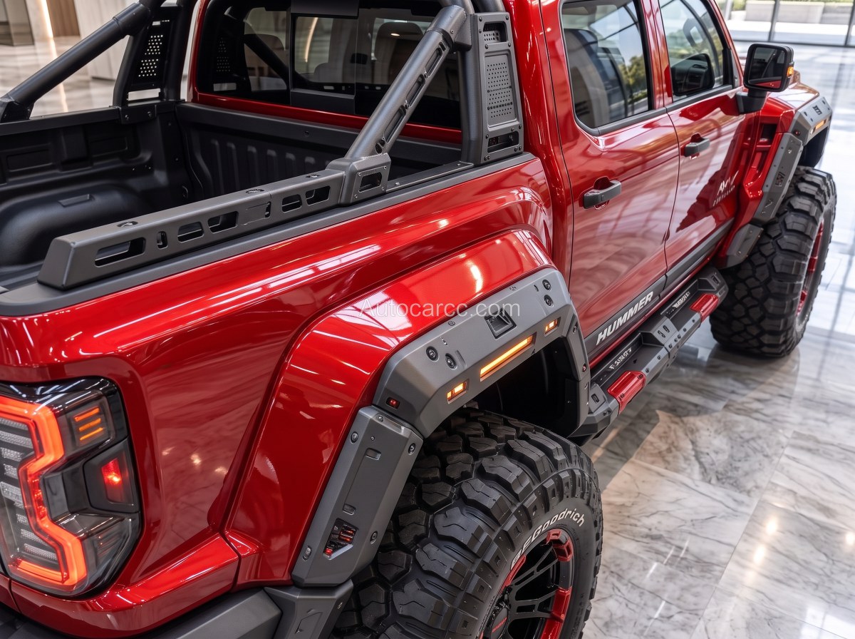 2027 GMC Hummer Off-Road Pickup Concept bed rack and rear quarter side view with fender flares