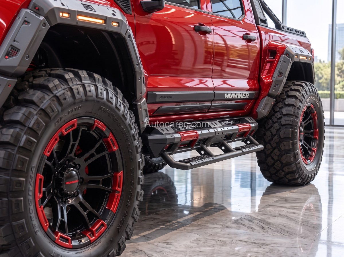 2027 GMC Hummer Off-Road Pickup Concept side steps, HUMMER door badge and red-accent all-terrain wheels