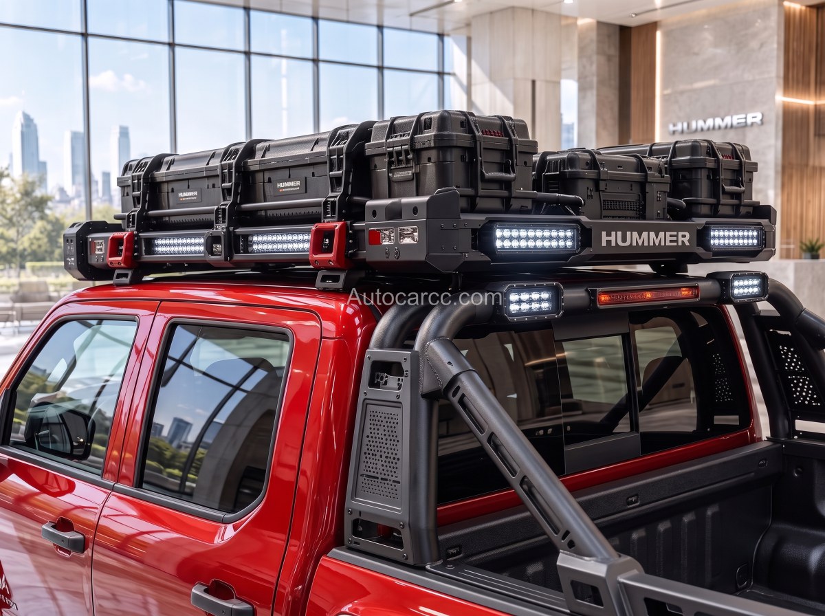 2027 GMC Hummer Off-Road Pickup Concept roof rack with storage cases, light bars and HUMMER branding