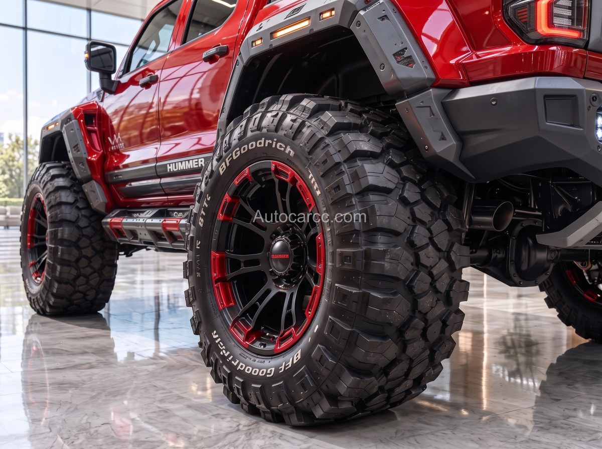 2027 GMC Hummer Off-Road Pickup Concept close-up of BFGoodrich all-terrain tire and red-accent black wheel