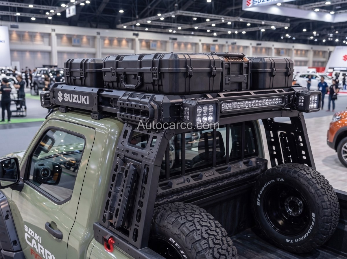 2027 Suzuki Carry Fighter Concept roof rack with black storage cases, light bar and Suzuki branding