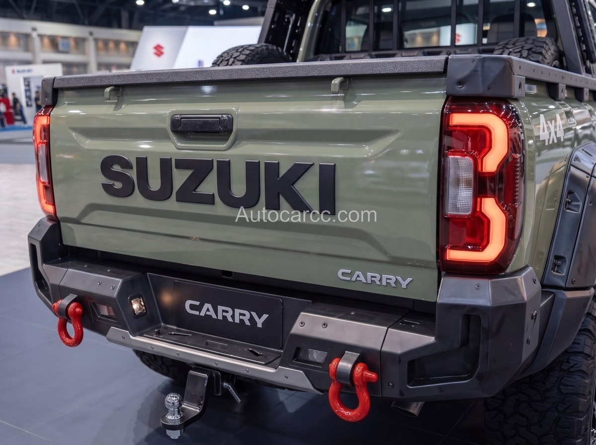 2027 Suzuki Carry Fighter Concept rear detail showing SUZUKI tailgate lettering, LED taillights and red recovery hooks
