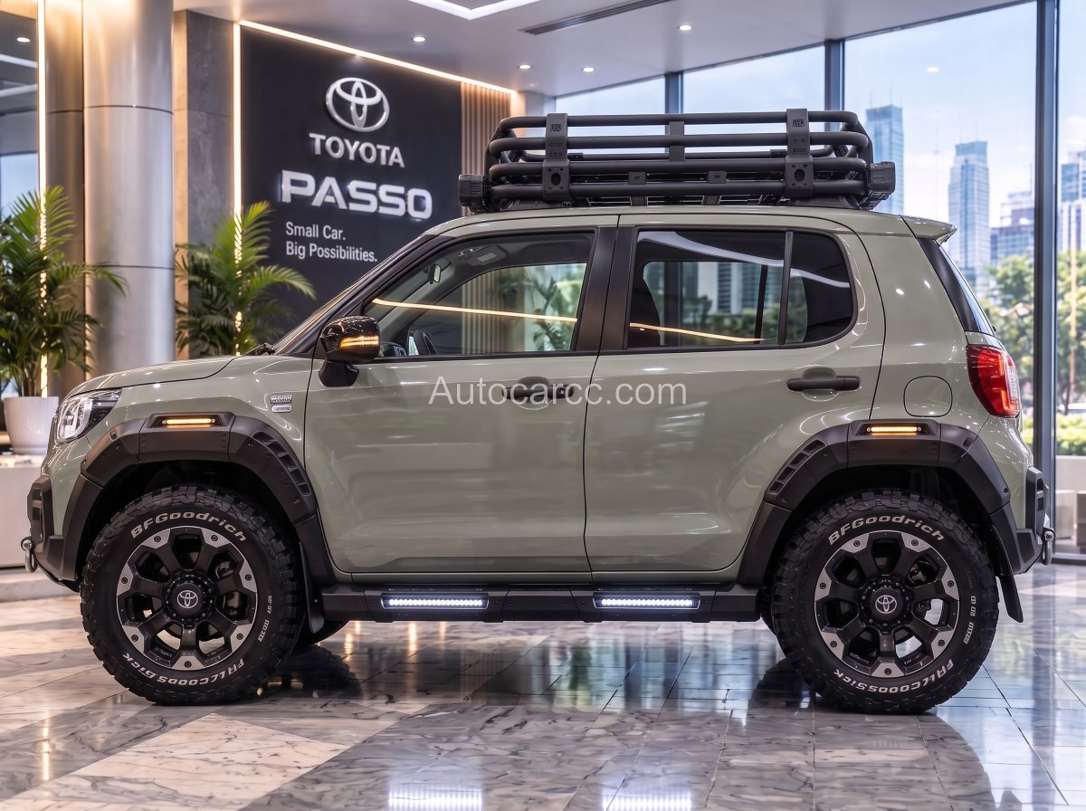 2027 Toyota Passo Off-Road Concept side view with roof rack and LED steps