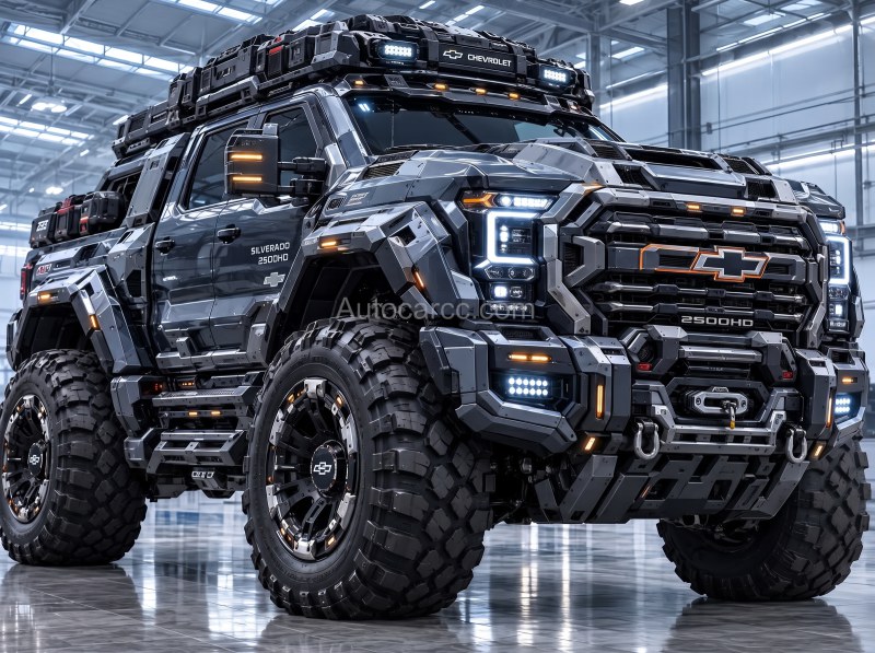 2027 Chevrolet Silverado 2500HD Offroad Concept Front Three-Quarter View 2027 Chevrolet Silverado 2500HD new offroad concept front three-quarter view with roof rack and lifted offroad tires