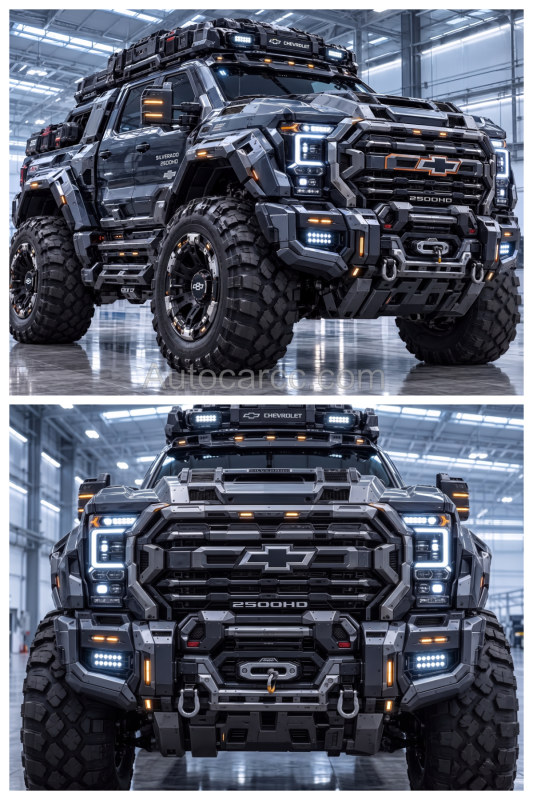 2027 Chevrolet Silverado 2500HD Offroad Concept Two-Angle Collage 2027 Chevrolet Silverado 2500HD new offroad concept collage front and three-quarter views versus Ford F-250 and Ram 2500