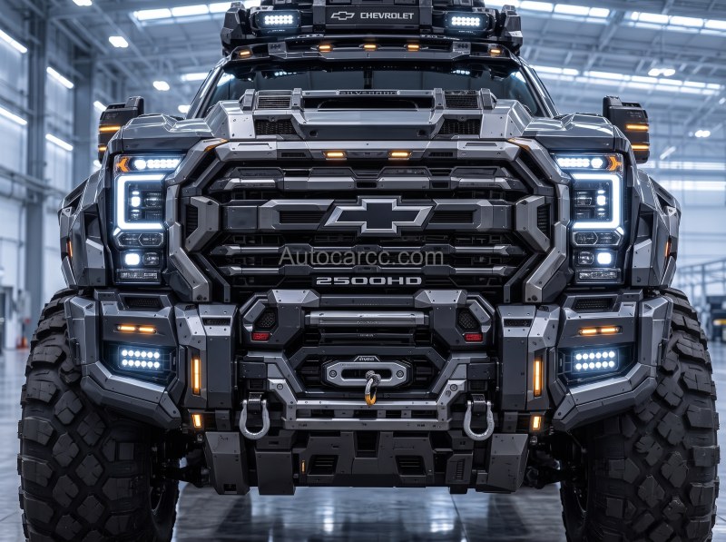 2027 Chevrolet Silverado 2500HD Offroad Concept Front Winch View 2027 Chevrolet Silverado 2500HD new offroad concept front view with winch bumper LED lights and Chevrolet grille