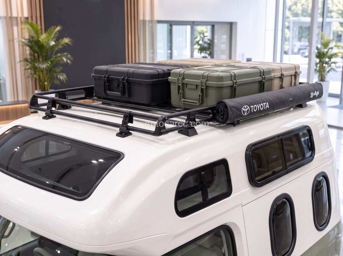 2027 Toyota Mini Camper Concept roof rack with storage cases and Toyota roll-up mat