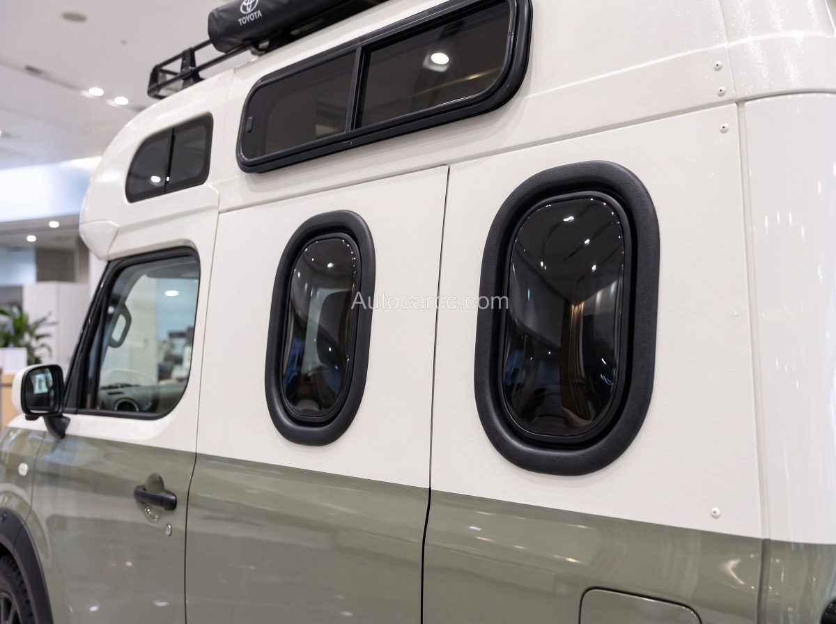 2027 Toyota Mini Camper Concept side view of high roof oval windows and cream body