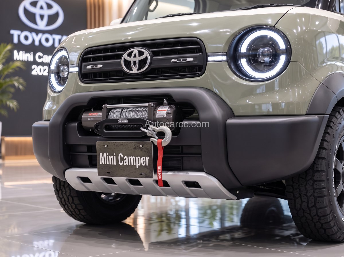 2027 Toyota Mini Camper Concept front bumper with winch, recovery hook and Mini Camper plate